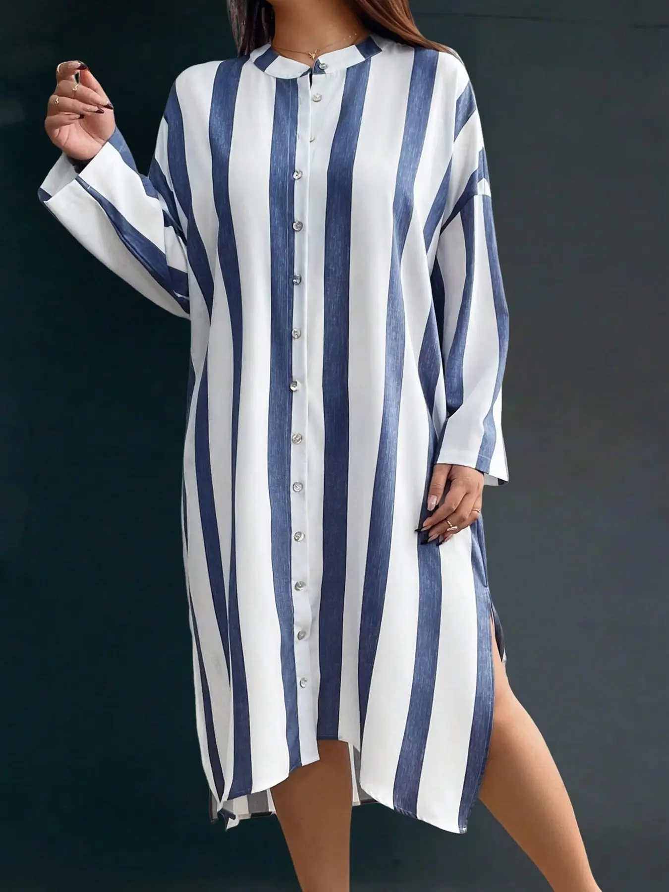 Plus Size Women’s Striped Button Front Dress, Casual Long Sleeve Shirt Dress, Loose Fit Midi Dress, Vertical Stripe Dress