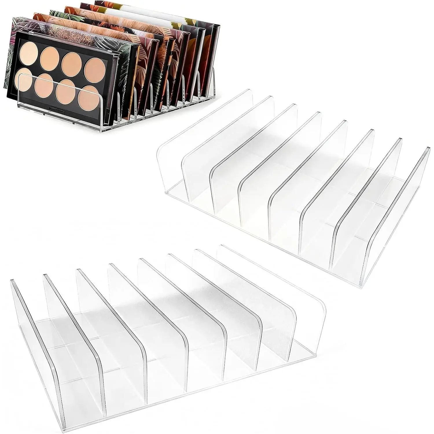 2 Pack Acrylic Makeup Eyeshadow Palette Organizer, 7-Slot Clear Cosmetic Display Case, Cosmetic Display Storage Holder Fit Eyeshadow Palette, CD, Phone Case, Facial Mask, Clear Cosmetic Organizer