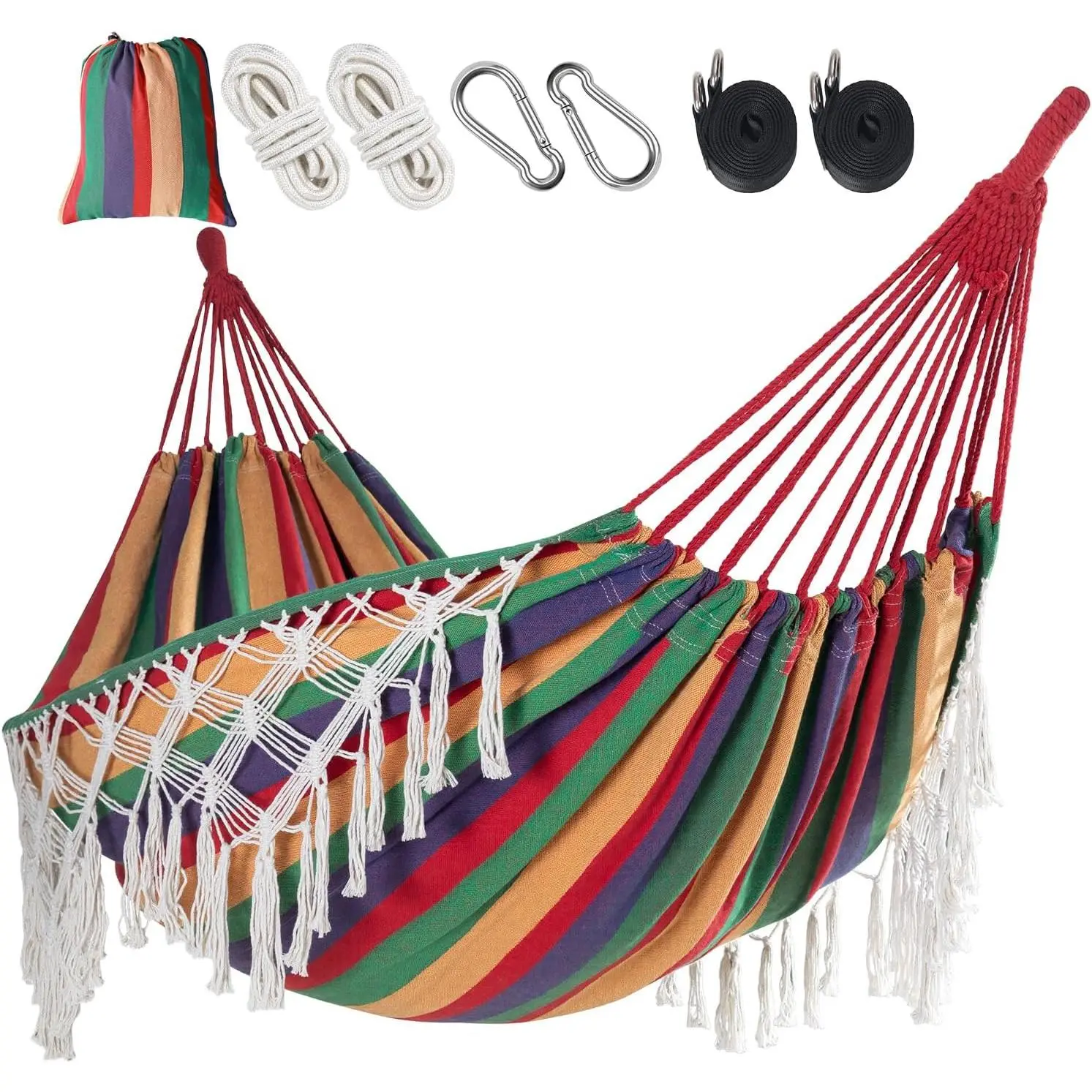 Brazilian Double Camping Hammock, Portable Hammock Heavy Duty 500 lb Load Capacity Tassels and Fishtail Knitting with Carry Bag & Tree Straps for Patio Balcony Backyard, Red Stripes