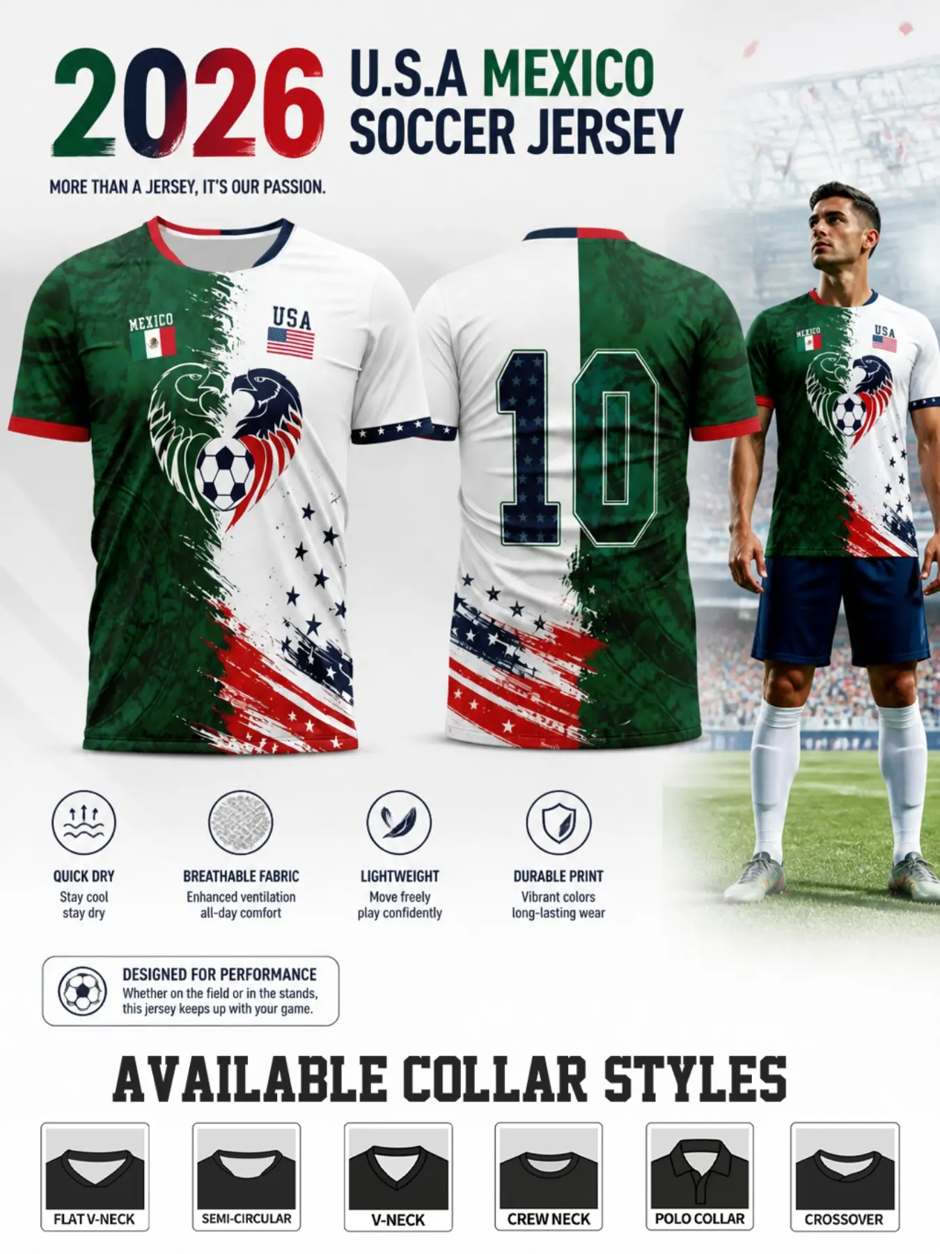 2026 Us-Mexico Dual Theme Soccer Jersey, Short Sleeve High-Performance Top, Quick-Dry Lightweight, Ideal for Sports and Casual Wear