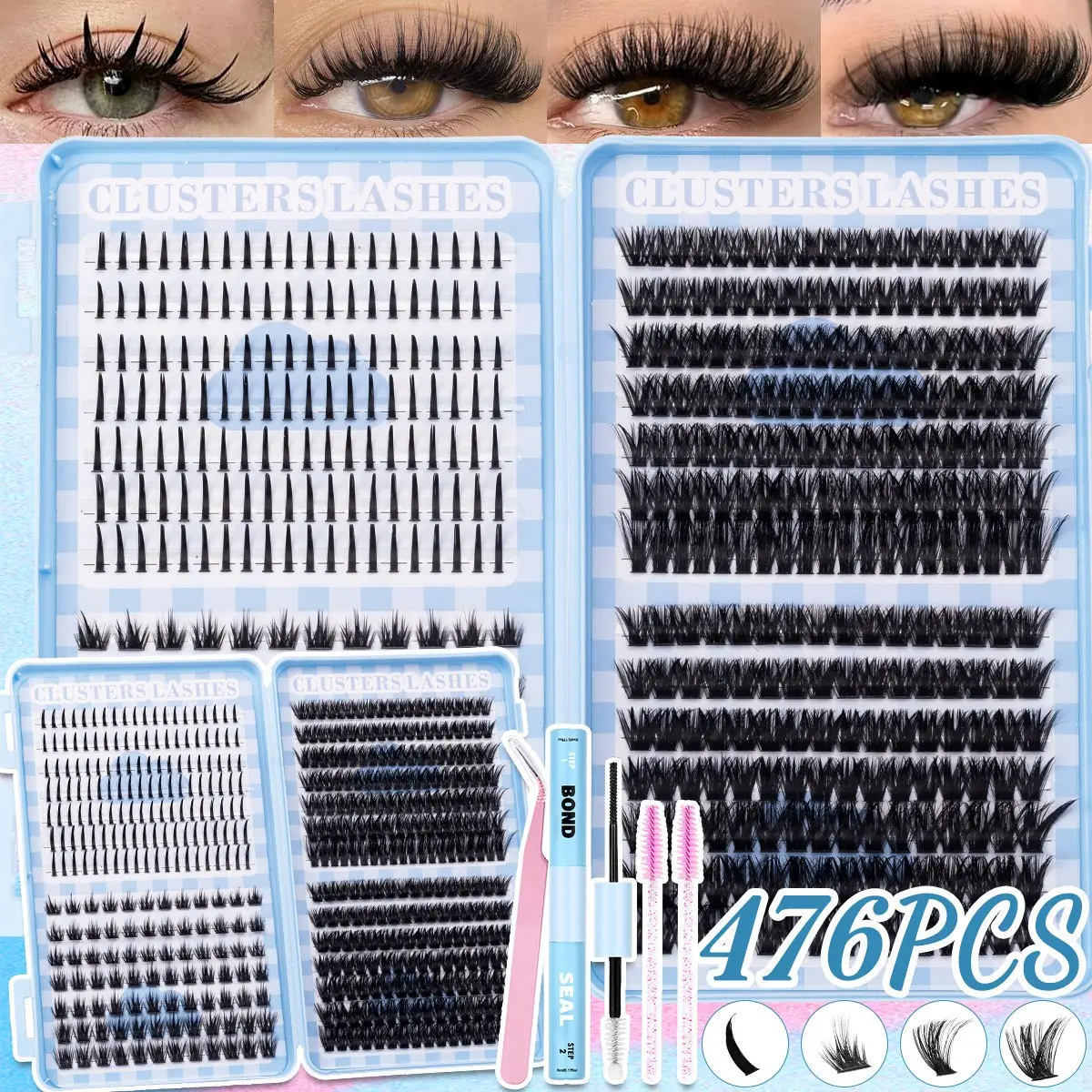 Spiky Lash Clusters Kit, Spikes/ Fluffy Mang/ 120D-150D, D Curl Baddie Eyelashes, Dramatic, 10-16mm Mixed Length, Dense False Lashes, Individual Lashes Thick Cluster Lashes, Includes Bond&Seal, Brushes  and Tweezers