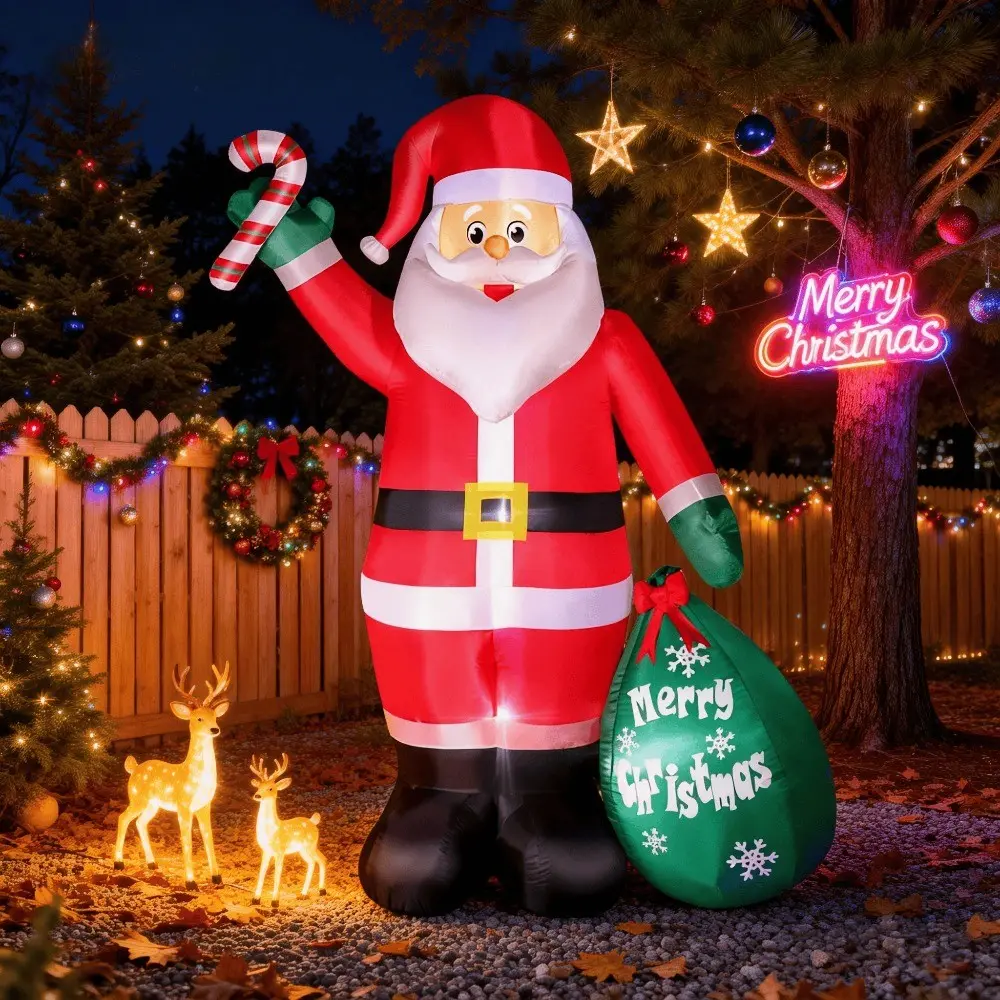 8 Feet Inflatable Santa Claus Decoration, Glow-In-The-Dark Santa with Candy Cane and Gift Bag, Indoor Outdoor Christmas Party Decor