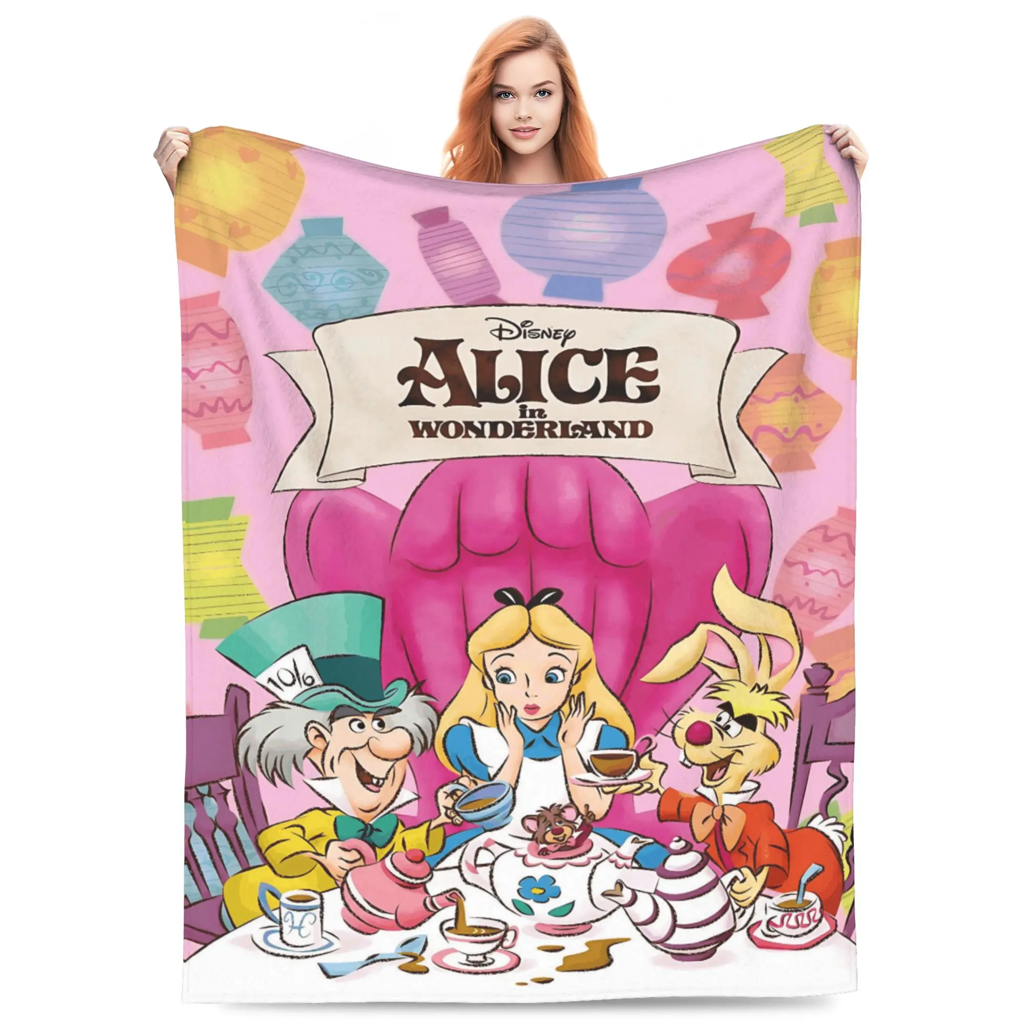 DISNEY CLASSIC Alice in Wonderland Mad Tea Party Throw Blanket, Alice Mad Hatter March Hare Dormouse Pink Lantern Underwater Bubble Cartoon Print Flannel Fleece Blanket Soft Cozy Blanket for Sofa Bed Gift for Girls Fairytale Lovers