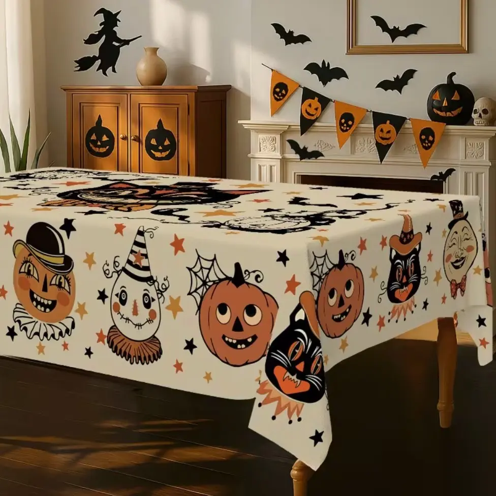 1Pc Halloween Tablecloth with Whimsical Ghosts, Pumpkins, Black Cats & Bats Design，Rectangular Table Cover for Kitchen, Dining, Patio, Garden Parties，Orange-Yellow Halloween Decor, Halloween Decorations，party supplies