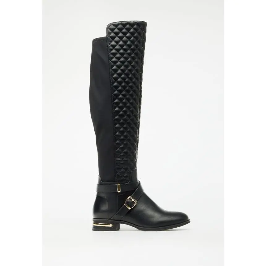 JUST FAB Women's Diamond Quilted Eco Leather Elastic Knee High BootsGold Metal Buckle Strap Flat Boots Comfort Riding Boots Functional Inner Zip Wedding Festival Riding Work Tall Trendy Boots