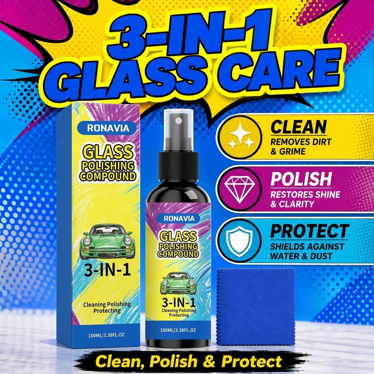 Multi-Functional Car Glass Polish Cleaner, Removes Oil Film, Rain Streaks, Calcium Deposits, Improves Night Vision, Polishes All Glass Surfaces