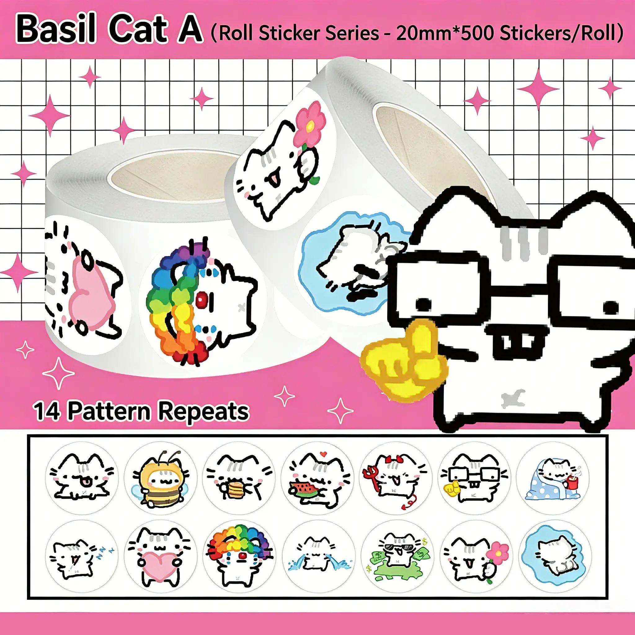 500Pcs Basil Kitten Washi Roll Stickers, Trendy Aesthetic Dopamine Kawaii Cute Funny Goofy Weird Cartoon Cat Decorative Stickers for Junk Journal Scrapbook Planner DIY Crafts Laptop Water Bottle Y2K Stationery Decorations