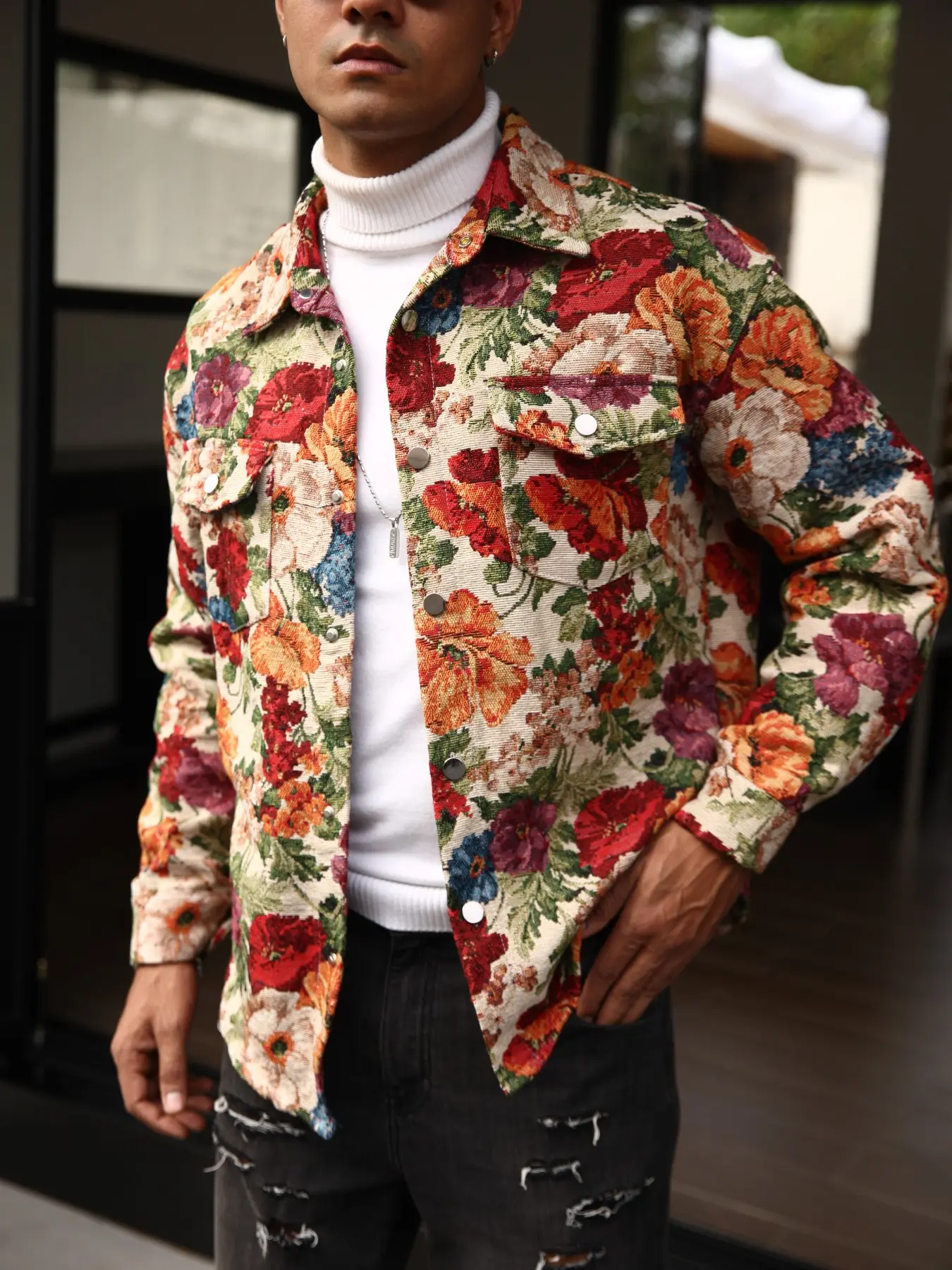 American Vintage Floral Jacquard Long Sleeve Work Jacket, Rose Print Dual Chest Pockets, Men's Street Style Casual Outerwear, Versatile Daily Wear, Everyday Jackets, Fashion Jacket, Trendy Outerwear, Menswear
