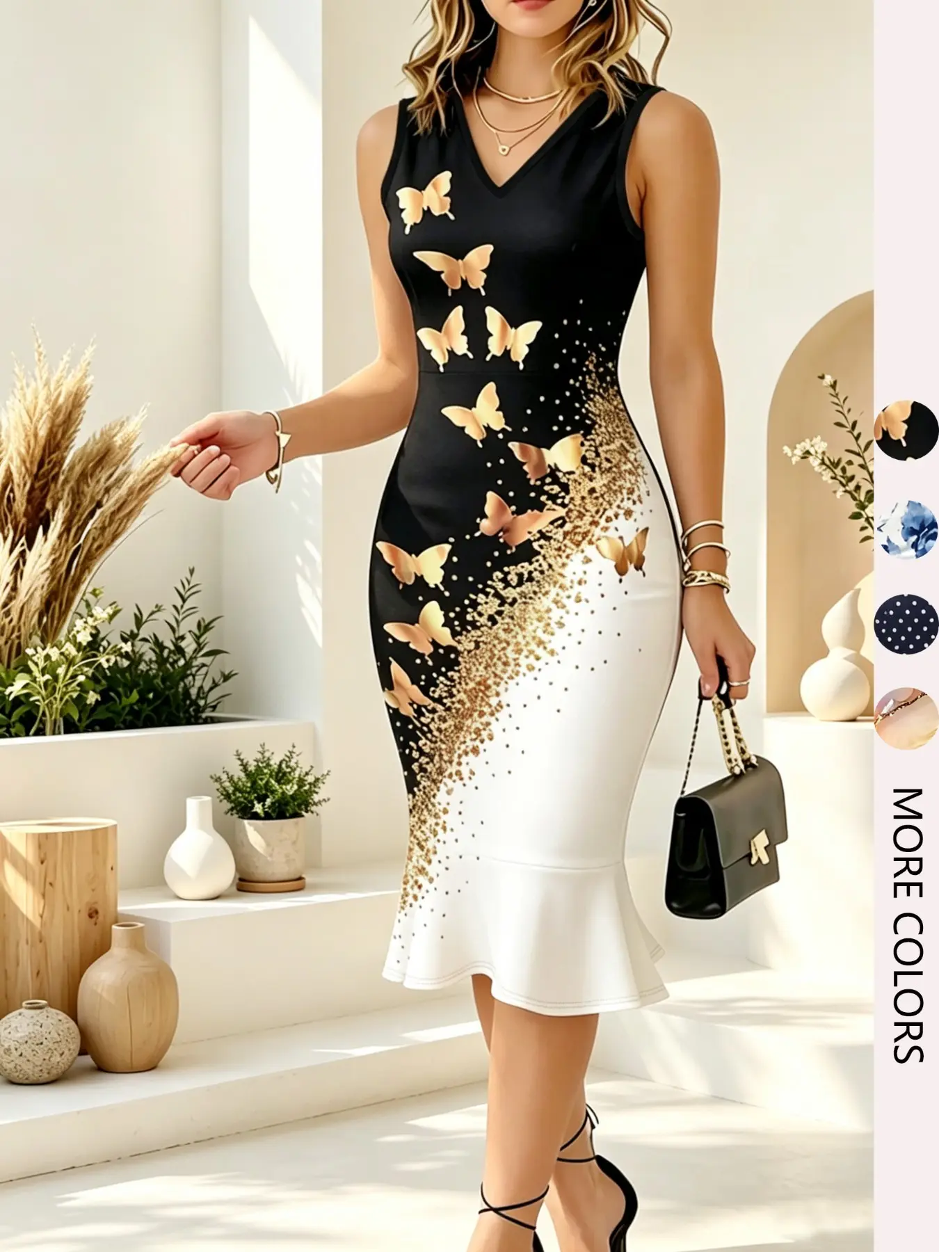 Women's Elegant Chic V-Neck Fitted Printed Dress, Waist-Cinch Fishtail Knit Design, Stretchy Casual Vacation Wear