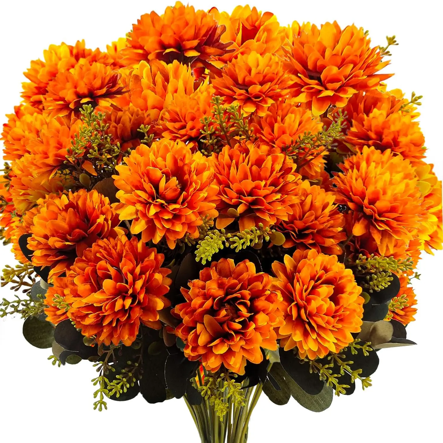 4 Bundles Large 36 Heads Mums Artificial Flowers Fall Floral Arrangement| Silk Chrysanthemums Bouquet for Outdoor Home Indoor Table Front Porch Pots Vase Cemetery Decoration