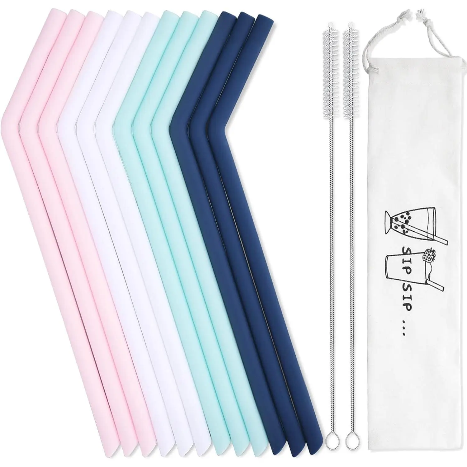 12-Count Durable Bendable BPA-Free Reusable Silicone Drinking Straws (9.6 in) with Travel Case, Cleaning Tool - Tumbler Accessory for 20 oz, 30 oz Tumblers, Hiking Trips
