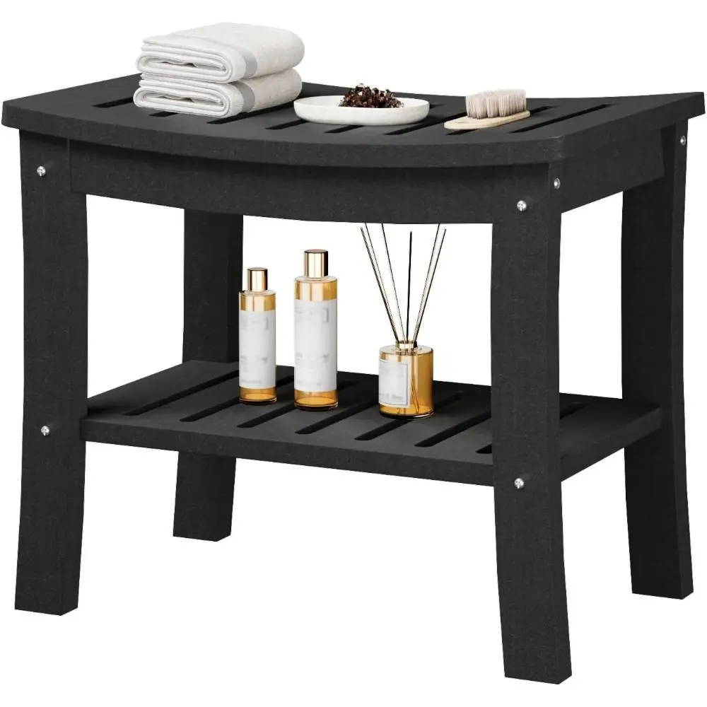Gaomon HDPE Plastic Bath Stool with Curved Edge, Waterproof Shower Bench for Bathtubs, Under-Seat Storage Rack, Easy Setup, Modern Home Decor, Black