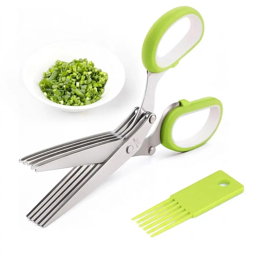 Herb Scissors, Multipurpose 5 Blade Kitchen Herb Shears Herb Cutter with Safety Cover and Cleaning Comb for Chopping Basil Chive Parsley (Green)