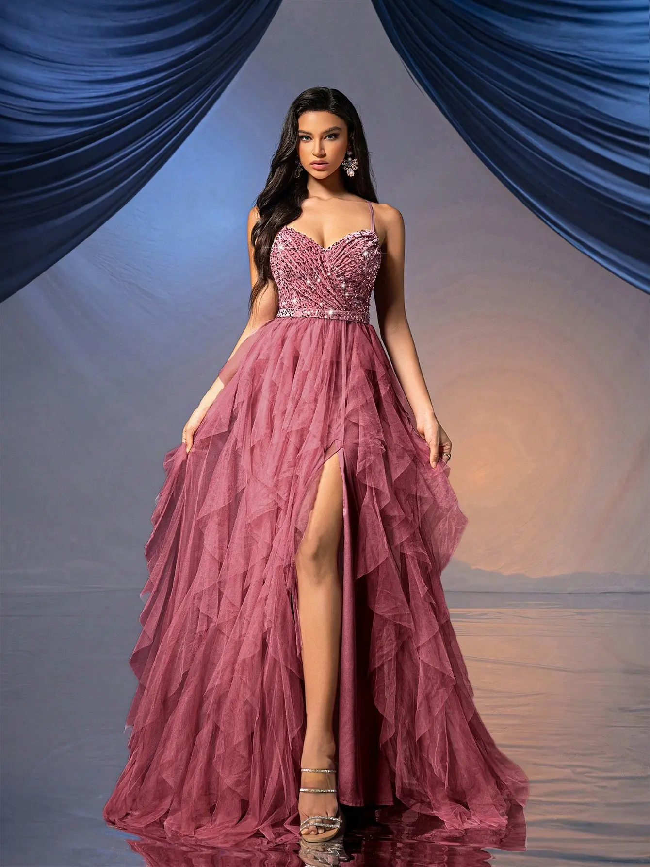 Women's Dusty Rose Spaghetti Strap Sweetheart Neck Evening Gown - Fairy-Style Backless Sequined Ruffled Tulle A-Line Long Dress with High Slit for Wedding, Formal Party Womenswear Elegant Soft