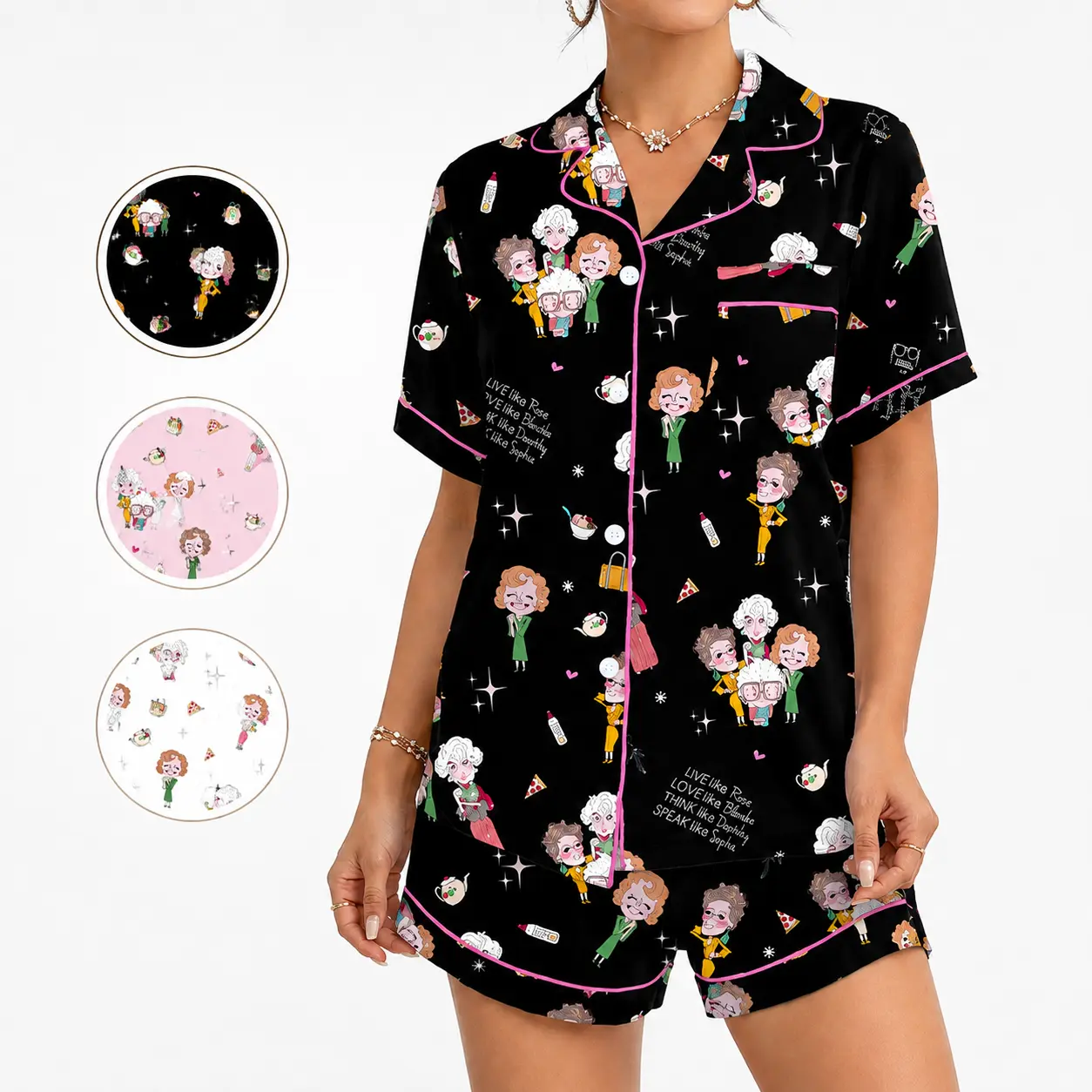 Printed pajama set (short-sleeved collared top + shorts)-comfortable, lightweight loungewear; perfect for party gifts; casual style suitable for all seasons.