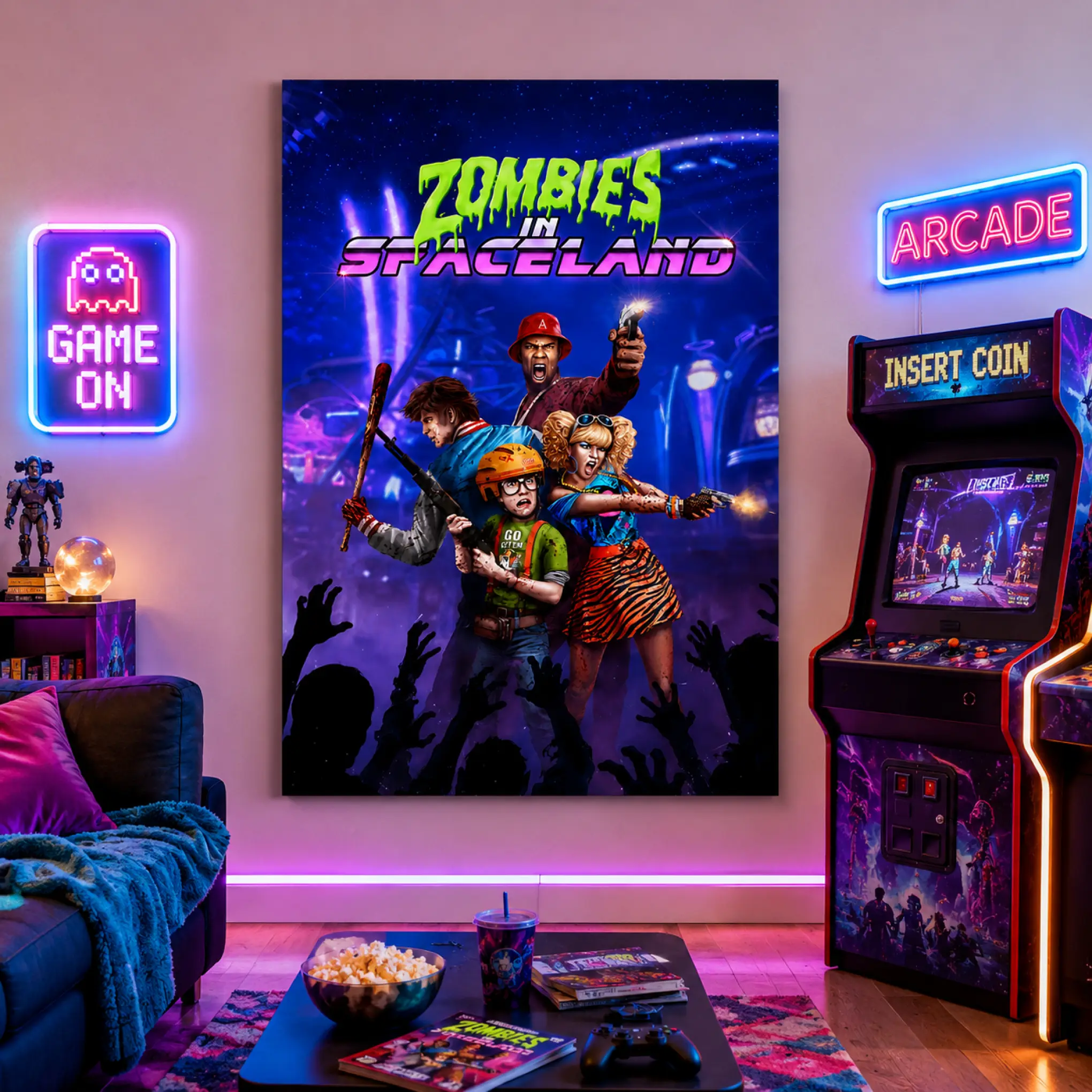 Call of Duty Infinite Warfare Zombies in Spaceland Canvas Wall Prints - Andre, AJ, Sally, Poindexter Art, 80s Retro Arcade Horror Piece for Gamers, Above Bed Wall Decor, Dorm Room Decor, Various Sizes