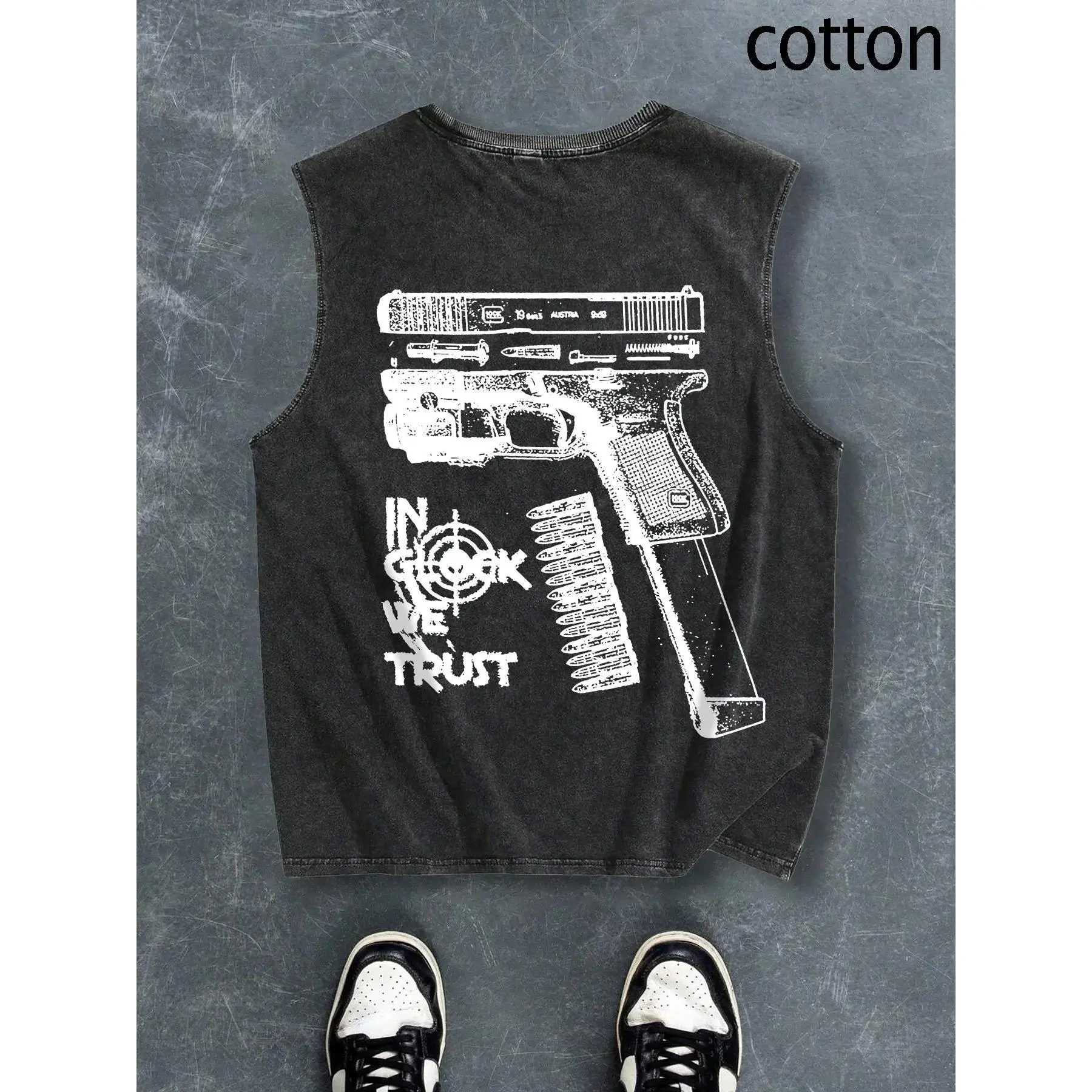Men's Regular Fit Graphic Gun Print Round Neck Tank Top, Casual Comfy Breathable Cotton Sleeveless Top, Summer Daily Wear Menswear