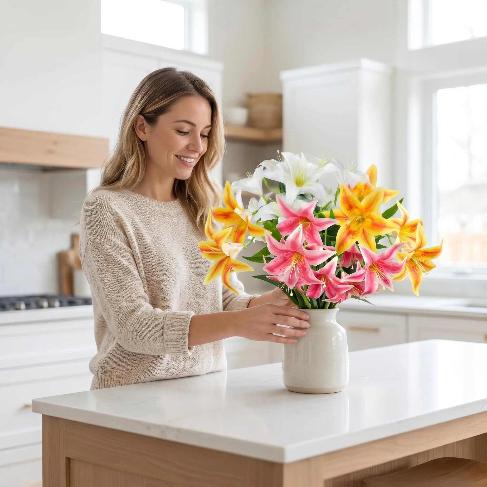 Multi-Color Realistic Artificial Lily Bouquet, Maintenance-Free Fake Flowers, Long Lasting No-Fade Faux Lily, Home Wedding Party Decor