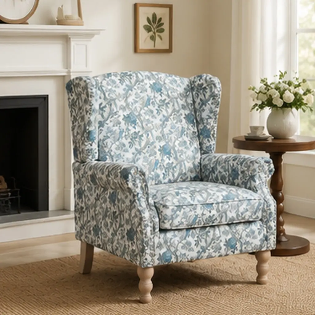 ARCH Modern Accent Chair with Retro Wood Legs Comfy Upholstered Armchair Floral Design Single Sofa Chair for Living Room Bedroom Office Blue Bird Multiple Color Options, Living Room Furniture for Apartment, Lounge, Family Room, Sofa Couch Seating