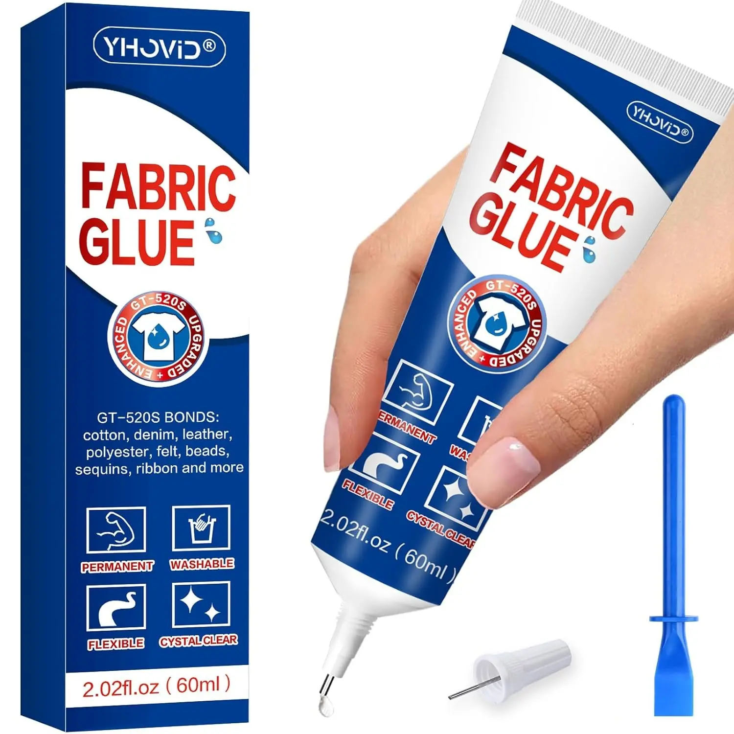 Fabric Glue for Clothing Permanent Washable, 60ML Liquid Stitch, Fabric Adhesive, Anti-Fray Check, Super No-Sew Clear Fabric Glue for Patches, Clothes, Rhinestones, Graduation Cap, Fabric, Purses
