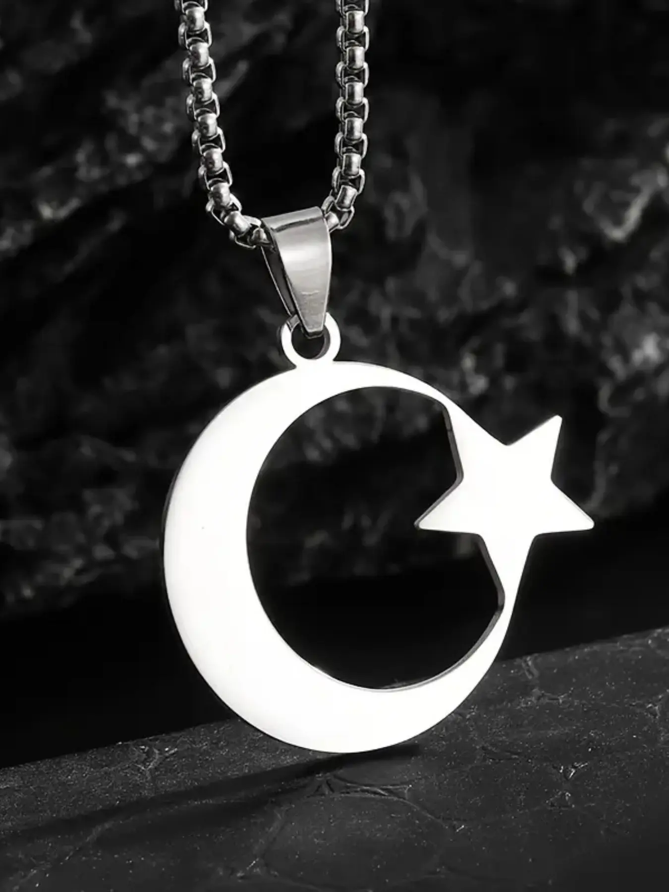 Unisex Stainless Steel Crescent Moon Star Pendant Necklace, Polished Minimalist Religious Jewelry, Perfect Holiday Gift