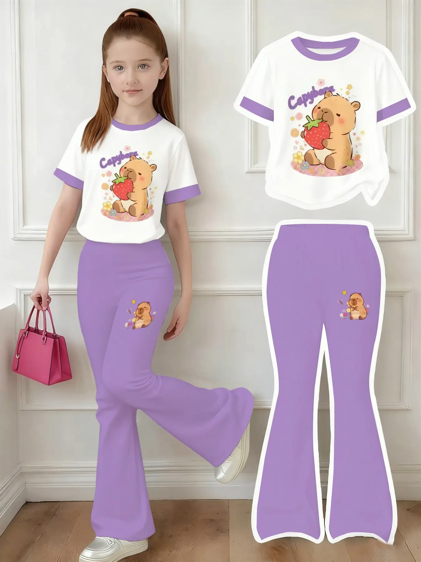 Girls' Cartoon Capybara Print Short Sleeve T-Shirt and Bell Bottoms Set, Summer Clothing Set, Casual Fitted Suit, All over Print, Graphic Print Set, Tee Set, Fashionable and Versatile, Matching Set, Outfits Set, Summer Clothes Set