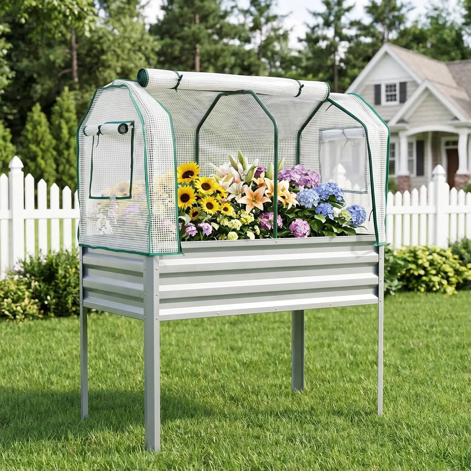 Gaomon Galvanized Metal Raised Garden Beds - 48x24x30" Rectangular Box, Metal-Plastic Build with Greenhouse Cover, Legs for Outdoor Patio, Backyard