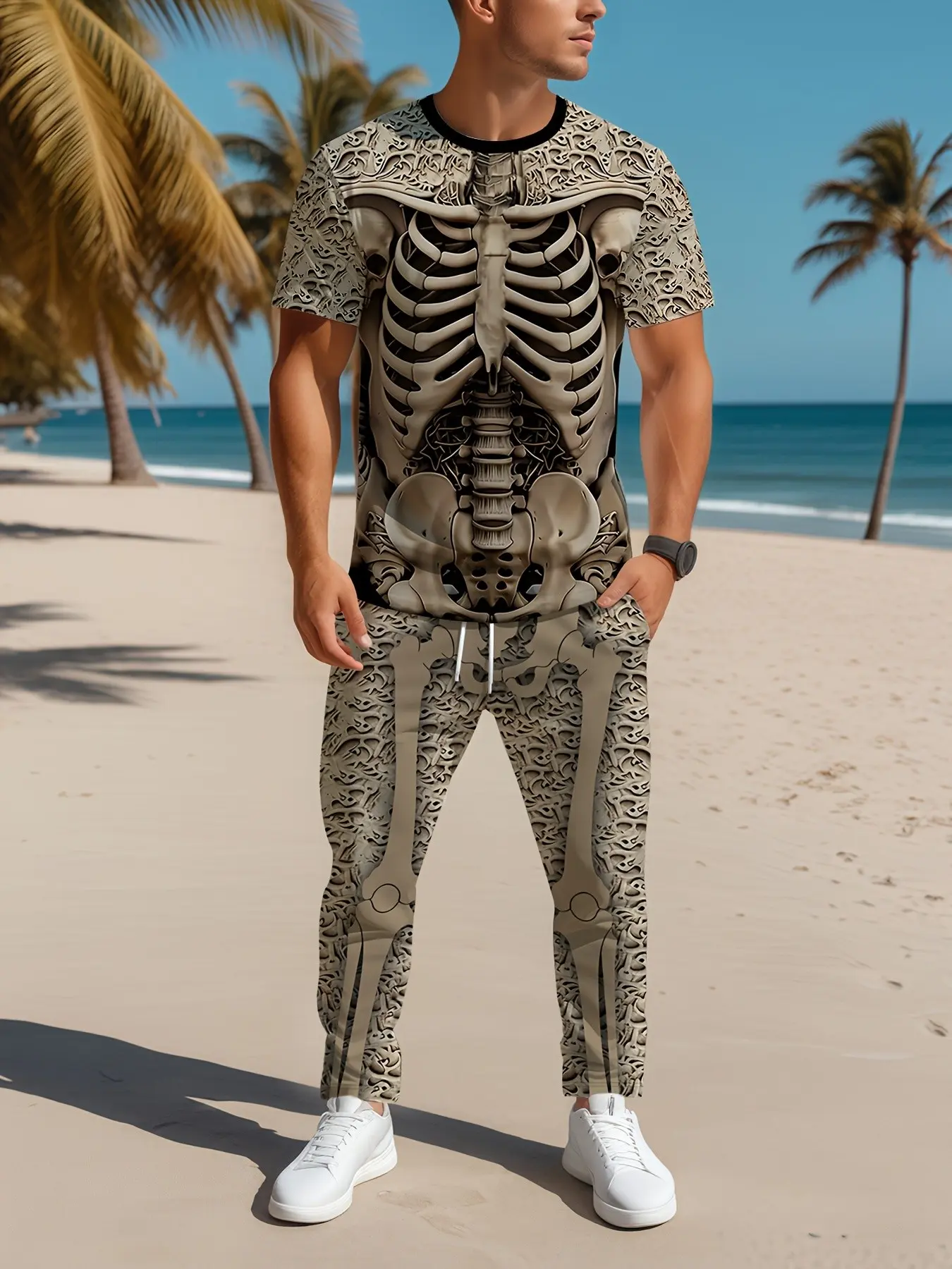 Men 2 Piece Vintage Skeleton Bone Print Outfit Short Sleeve T-Shirt Matching Drawstring Long Pants Gothic Streetwear Tracksuit