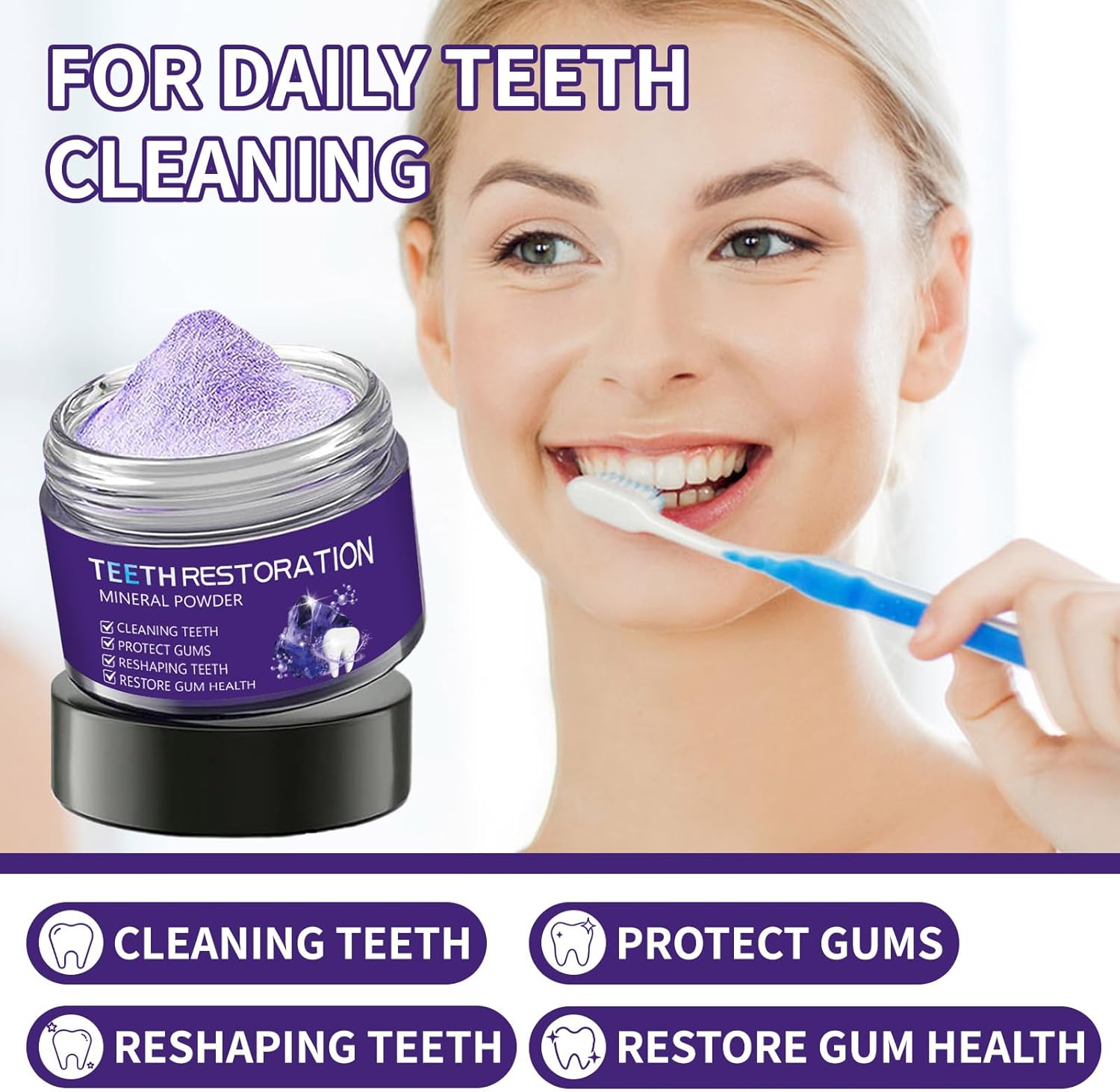 Purple Teeth Whitening Powder | Effective Stain Removal, Gentle Enamel Care, Gum Friendly Formula, Mineral Support, Daily Teeth Brightening, Fresh Breath & Oral Health Dental Powder, 50g