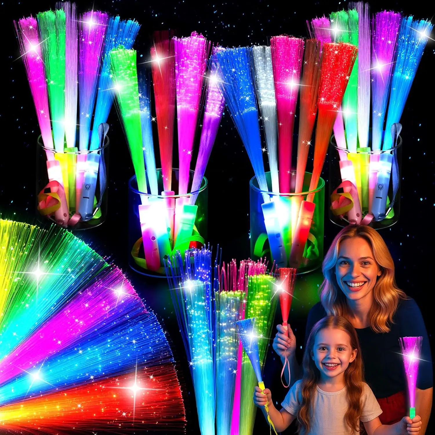 24PCS Glow Sticks Party Supplies, 3 Modes Colorful Flashing Glow in the Dark Toys LED Light Up Sticks Fiber Optic Wand for Kids Party Favors Birthday Weddingfidget toys