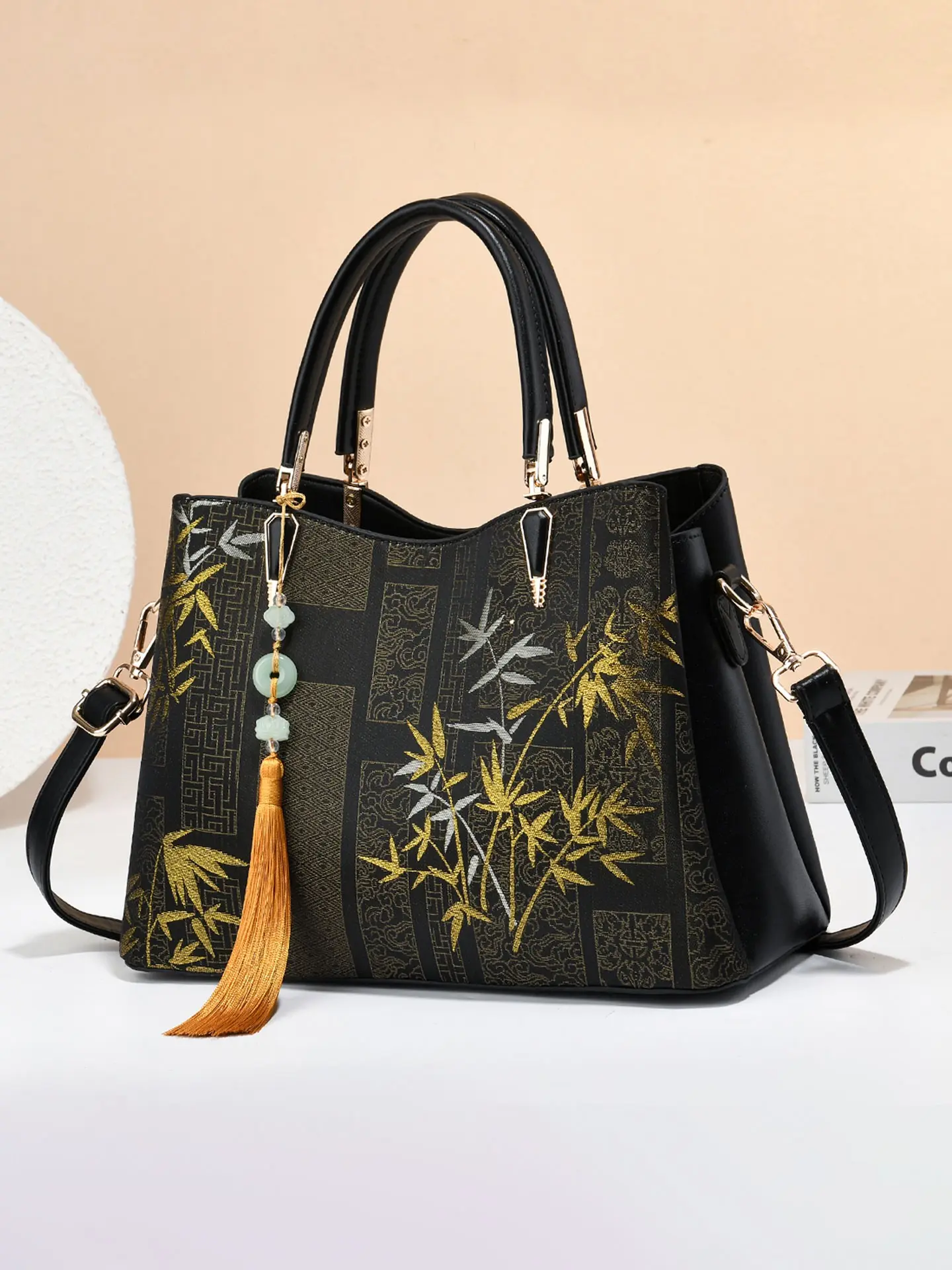 Women's Handbag with Bamboo Leaf Embroidery, Large Capacity Crossbody Bag with Multiple Compartments, Practical Ladies Bag with Tassel Charm for Work, Parties and Shopping, Adjustable Shoulder Strap Suitable for All Seasons