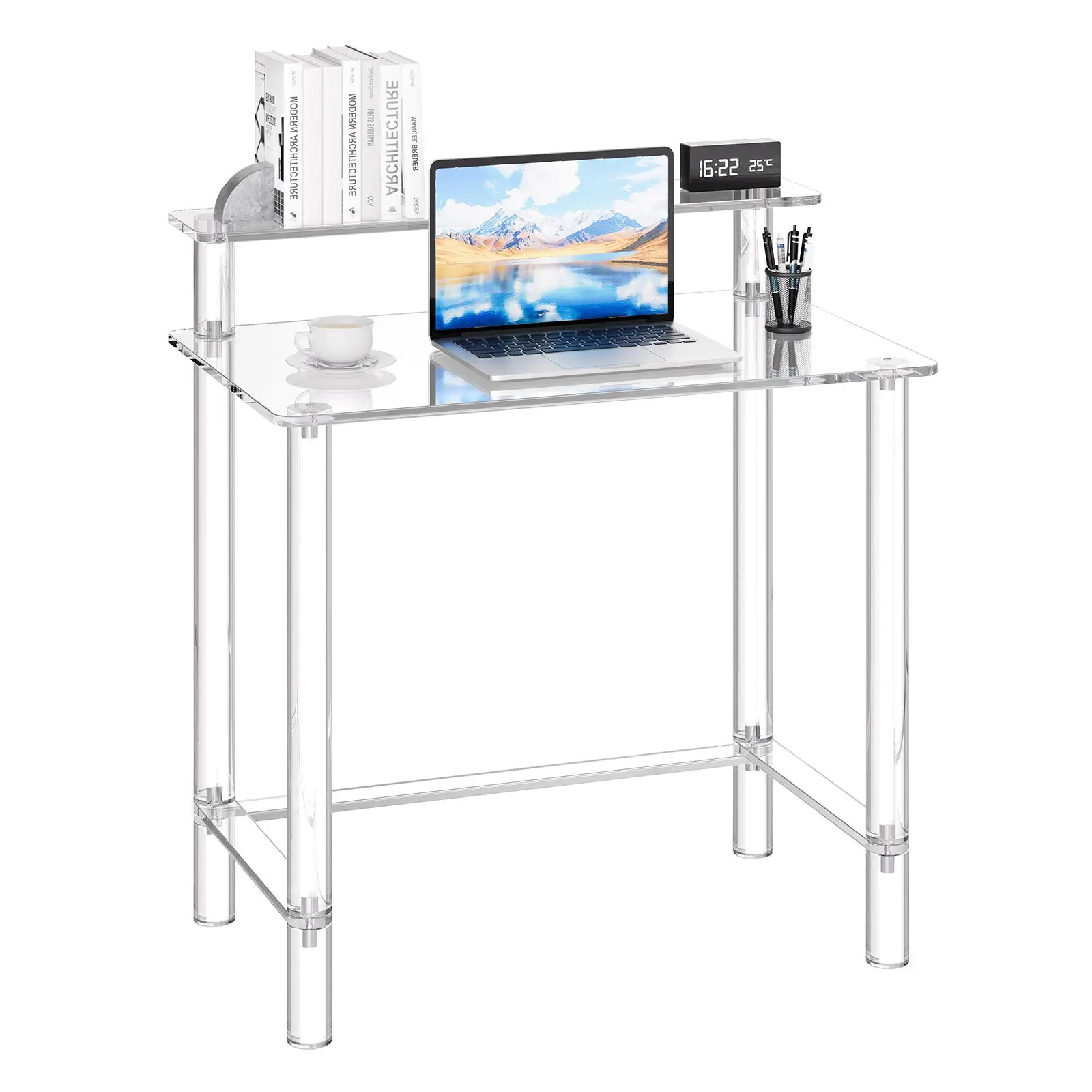 VEVOR Acrylic Table, 2 Tiers Clear Office Desk with Monitor Stand, Acrylic Study Computer Desk, Modern Side End Table Nightstand for Bedroom, Office, Study, Cloakroom, 19.7 x 31.5 x 34.7 in (Clear)