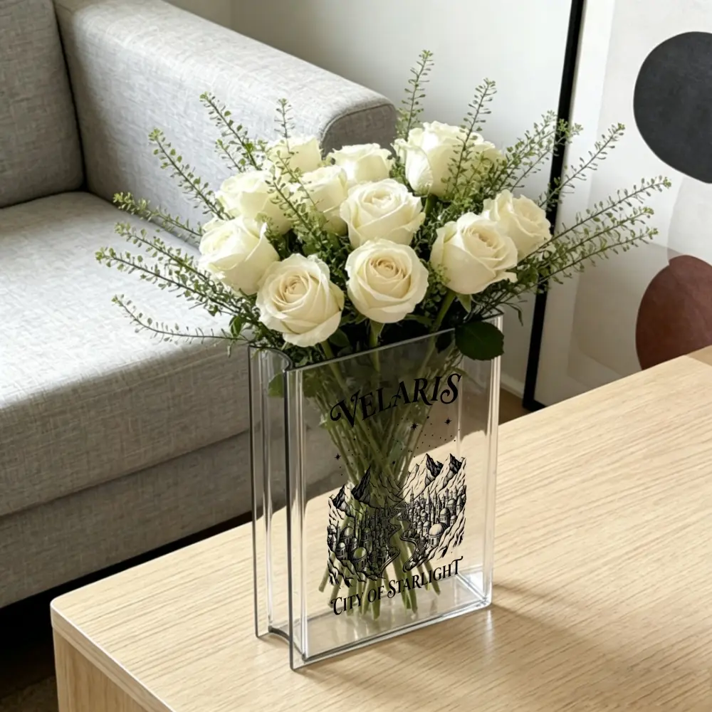 12 Stems Acrylic Velaris City Of Starlight Pattern Transparent Rectangular Vase With Gothic Text Design Office Home Living Room Decor Modern Minimalist Table Centerpiece