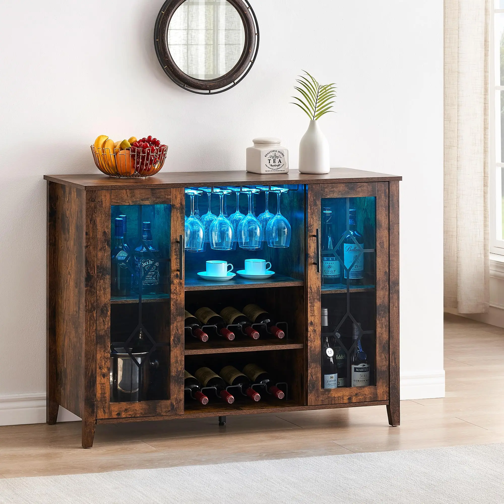 GARVEEWine Bar Cabinet with LED Light, Home Coffee Cabinet with Wine and Glass Rack, Kitchen Buffet Sideboard with Storage, Liquor Cabinet for Bar, Dining Room, and Kitchen in Rustic Brown, Dark Grey, and Dark Oak Finishes