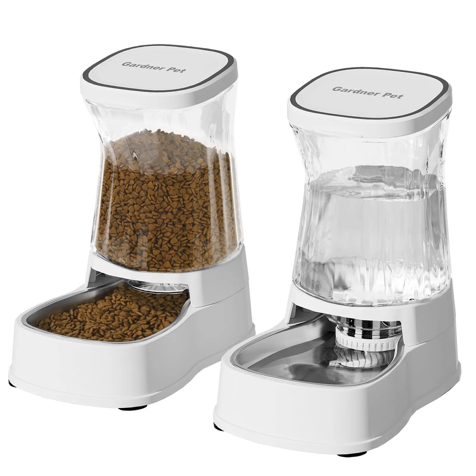 Automatic Pets Gravity Feeder and Water Dispenser Set, 1Gallon x 2 Stainless Steel Food Feeder and Waterer, 100% BPA-Free Water Bowl Dispenser for Small&Medium Dogs, Cats, Puppies(White)