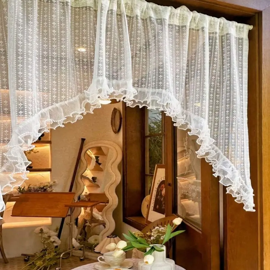 1pc Premium Lace Ruffle Sheer Curtain Panel, Elegant Design Small Window Valance, Cabinet Door Curtain, Home Decoration Curtain