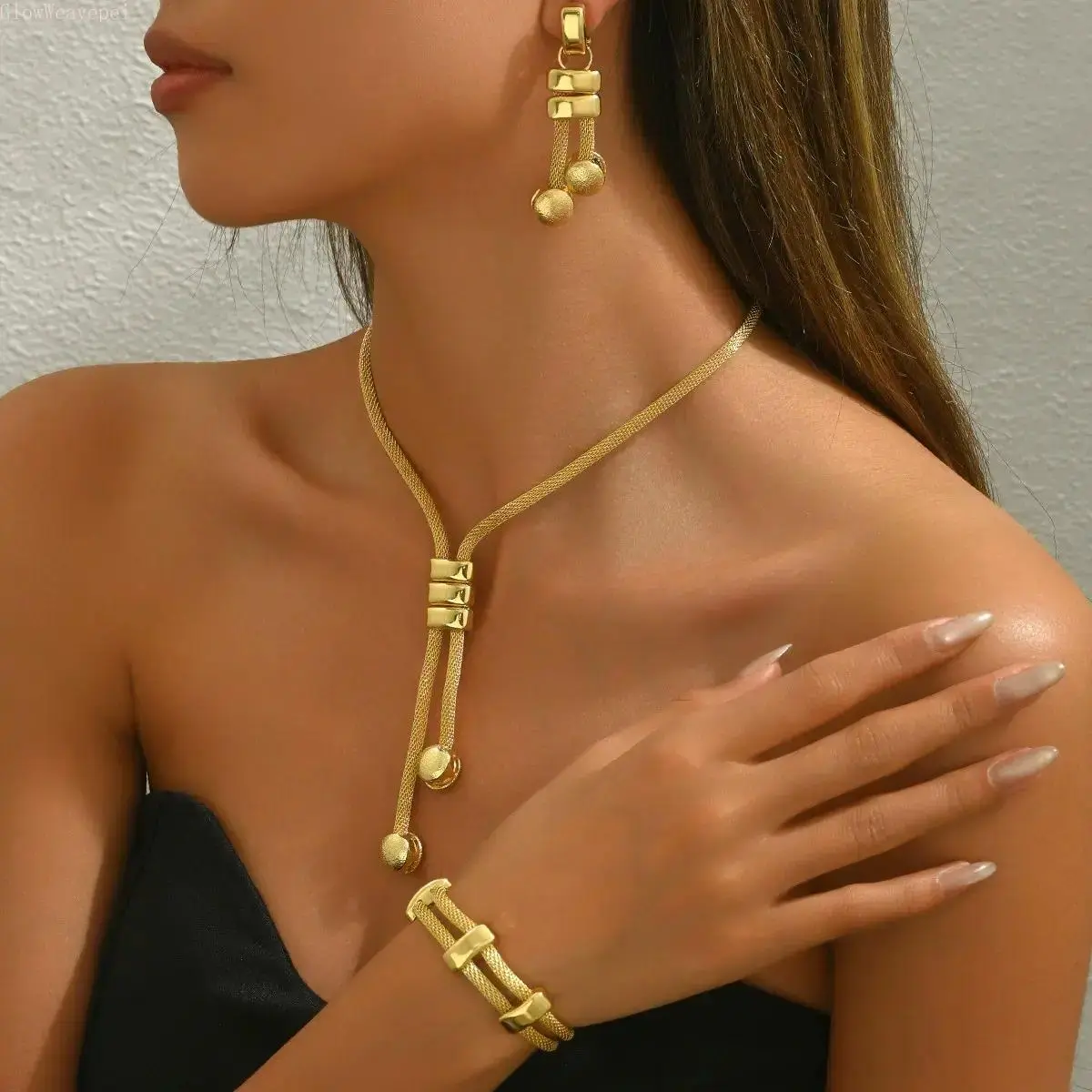3 PCS 18K Gold Plated Jewelry Set For Women Chunky Mesh Chain Y Necklace Geometric Tassel Dangle Earrings Slid Cuff Bracelet Statement Night Out Accessories