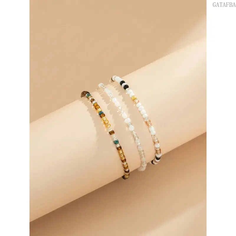 3Pcs Boho Color Block Beaded Anklet Trendy Foot Jewelry For Women