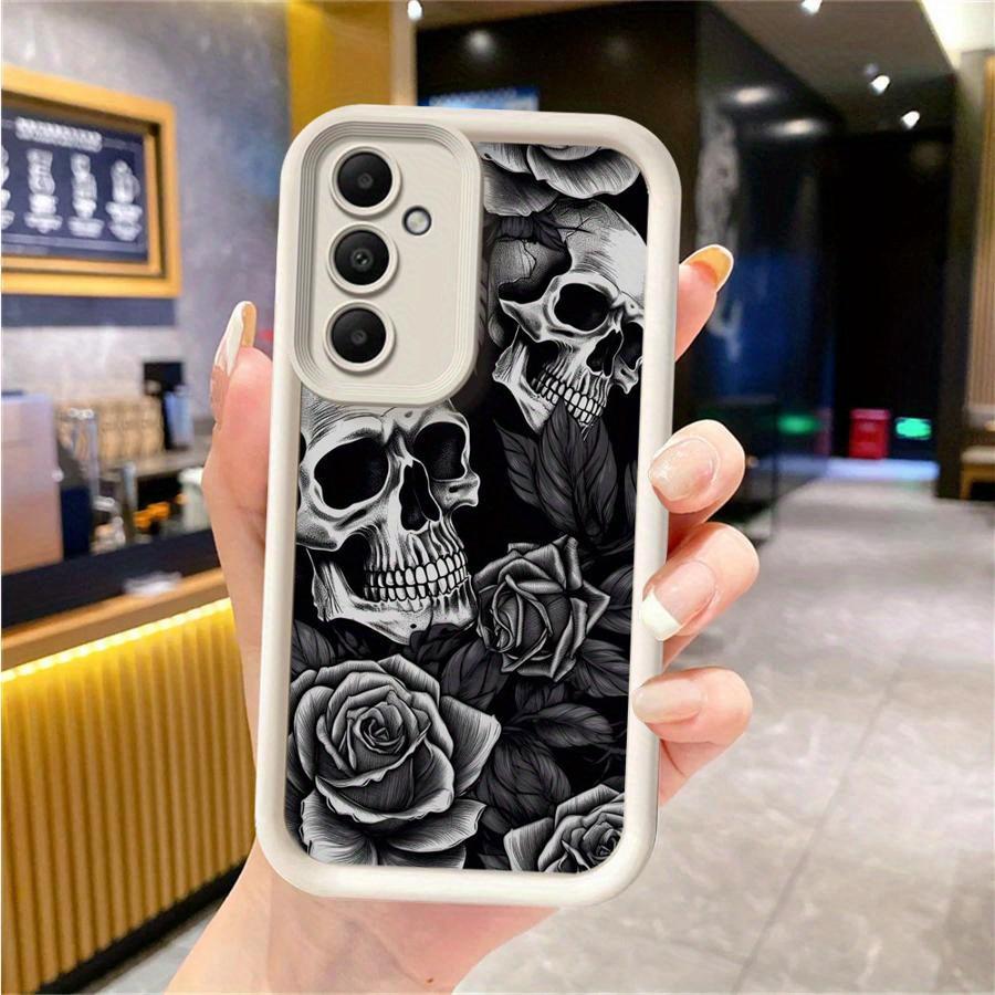 Phone Case for Samsung Galaxy A16 A55 A25 A35 A15 A54 A34 A14 A24 A53 A33 A23 A13 A52 A32 A22 A12 A51 A71 A72 A73 Cover Protective High-Quality Soft Shockproof Funda Gray Skull Rose