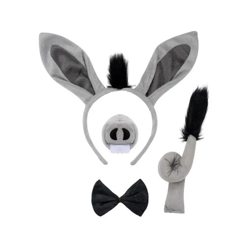 4-Piece Playful Animal Headband Set - Fashion Hair Accessories with Bendable Ears, Fixed Donkey Tail, Nose, Bow, Halloween Costume Props, Party, Animals, Halloween Party, Black Bow Tie, Polyester, All Ages, Novelty, Parties