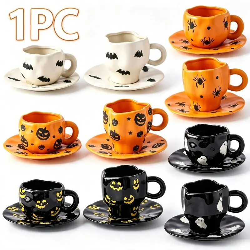 1Pc  2Heights Halloween Ceramic Coffee Cup Saucer Set Mug Kawaii Cute Spooky Gothic Aesthetic Ghost Pumpkin Bat Spider Printed Tall Short Mugs Home Kitchen Office Desk Decor Gift