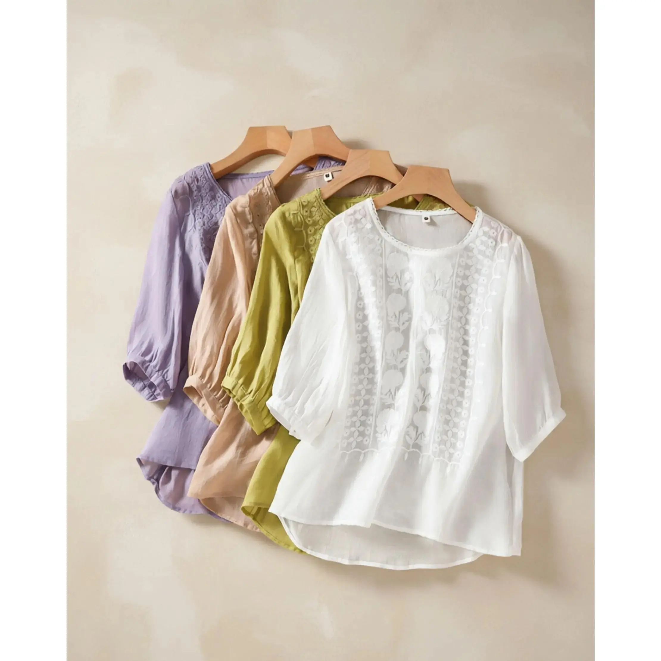 Women's Casual Vintage Blouse, Lightweight Summer Top with Intricate Embroidery, Breathable Cotton-Linen Blend, Loose Fit, Round Neck, Mid-Length Sleeves