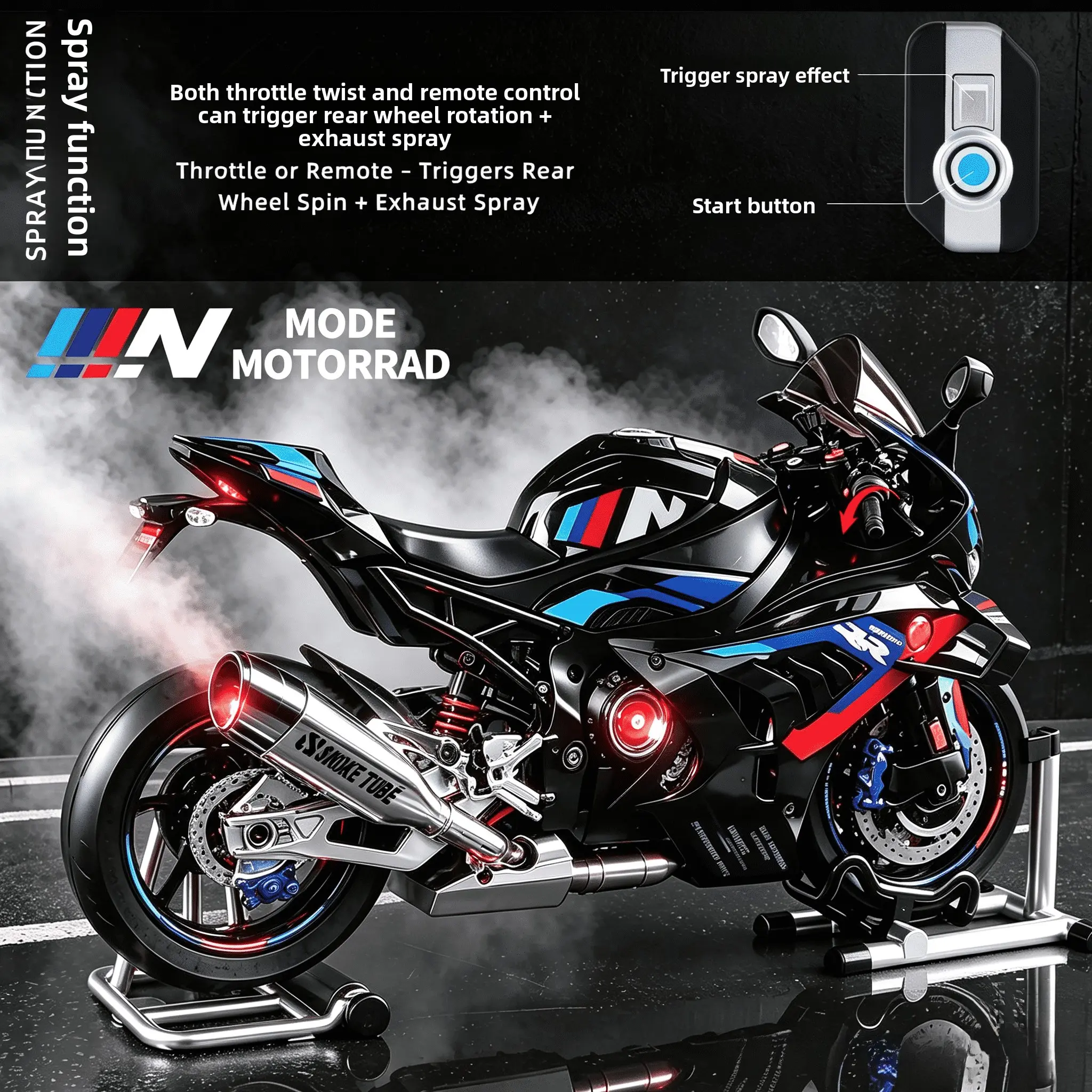 S1000RR alloy die-cast super Motorcycle Diecast model, featuring dual trigger/remote control and throttle control spray function, rotatable rear wheel, light and sound simulation of a motorcycle, a collectible desktop decoration