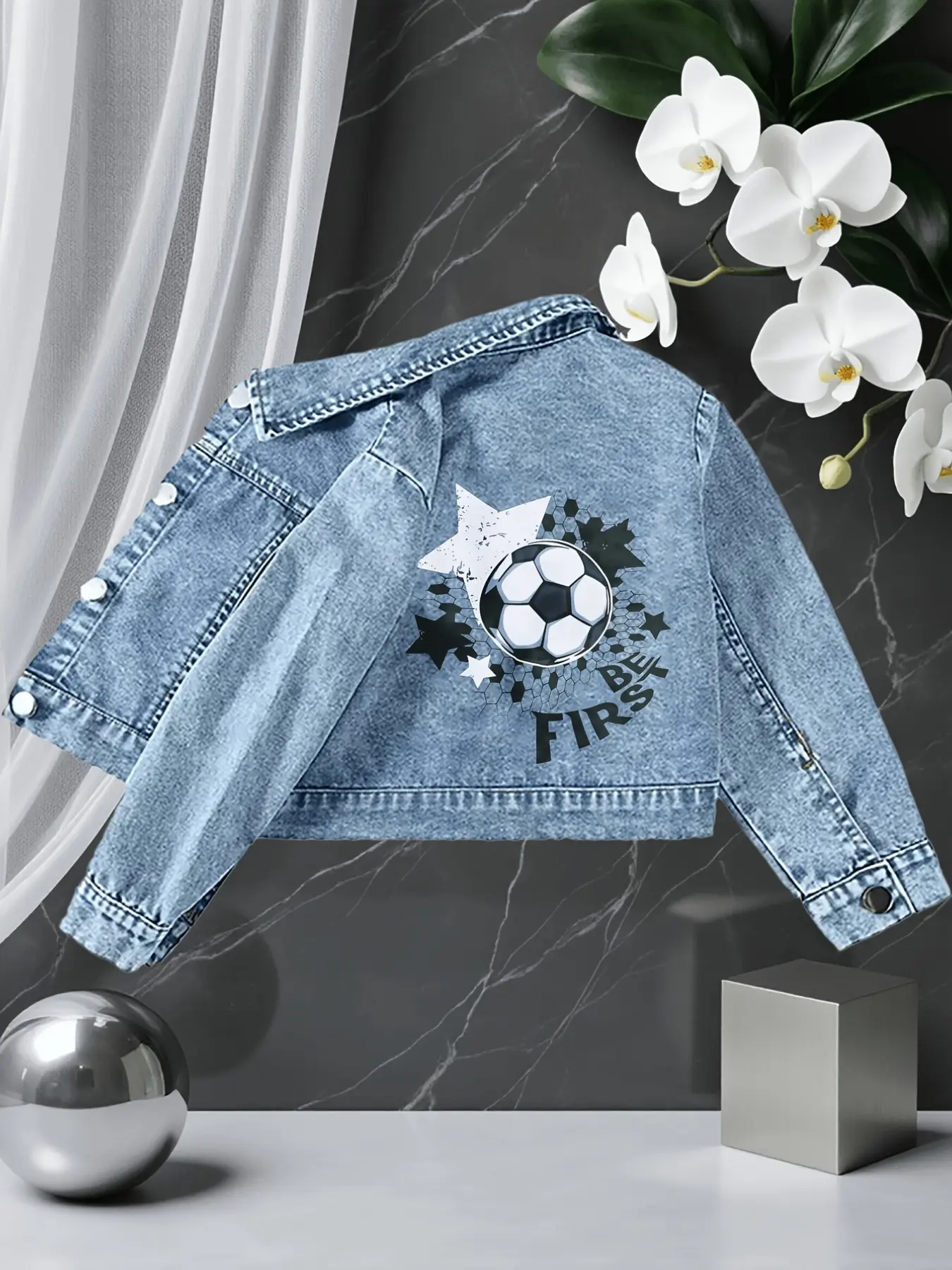 Boys' Sports Denim Jacket, Soccer Star Print Vintage Denim Coat, Kids Spring Fall Training Wear, Outdoor Casual Outerwear, Football Theme Clothing