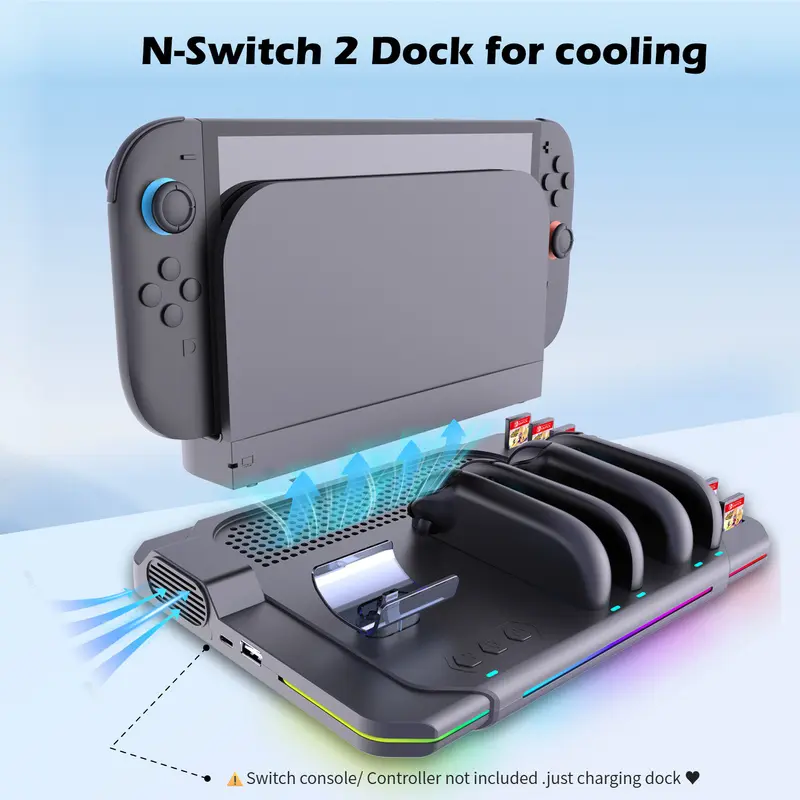 The new Switch 2 controller charging dock, Controller Charging Station, featuring a slim design that can charge four Joy-Con controllers simultaneously and includes a slot for storing game cards.