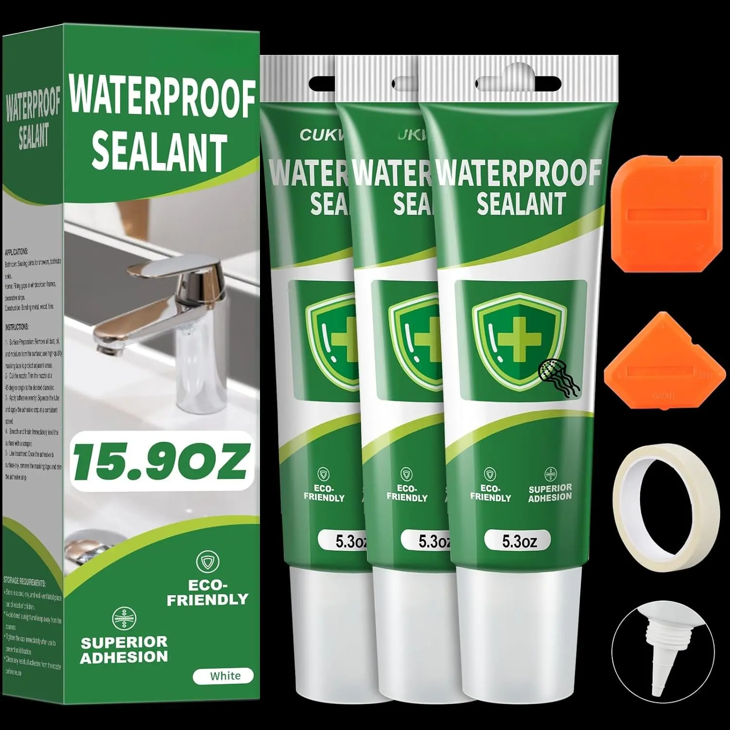 15.6 Oz  Caulk (3 Pack 5.3 Oz) Squeeze Tube  |  Sealant for Kitchen Bathroom Stronger Adhesion, White Caulk for Window Toilet Sink, Including Tape and Scraper