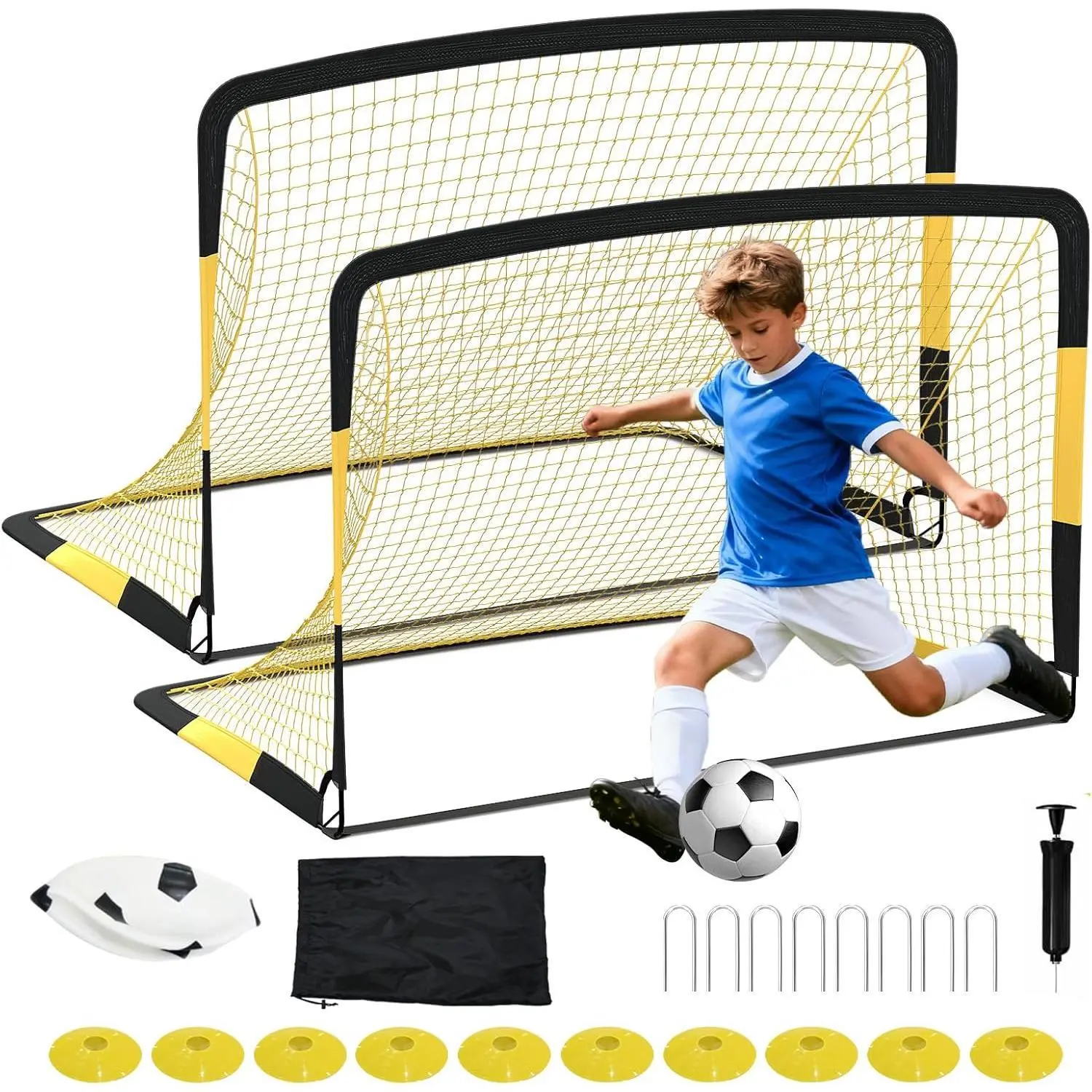 2-Pack Portable Soccer Goals Set 6x4FT for Backyard - Complete Training Kit with Ball, Pump & Cones