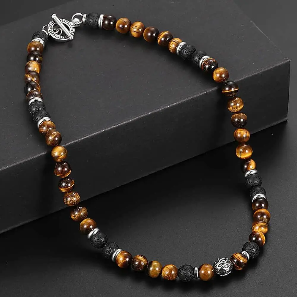Men's Beaded Necklace, 8mm Natural Tiger Eye & Lava Beads with Black Onyx, Stainless Steel Toggle Clasp, 18 Inch Length, Stylish Accessory and Nice Father's Day Gift