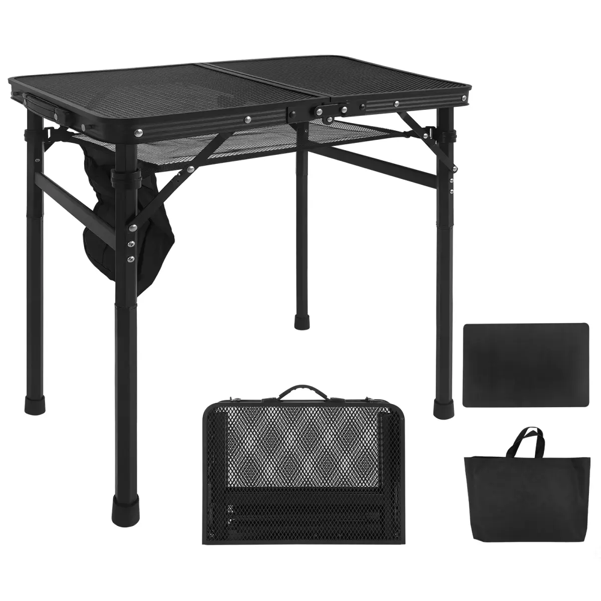 2-in-1 Aluminium Camping Furniture Outdoor Table - Lightweight, Foldable, Adjustable Height, Portable with Storage Mesh Bag, Space-Saving for Campfire, Hiking, Mesh Top Portable Tabletop Tables