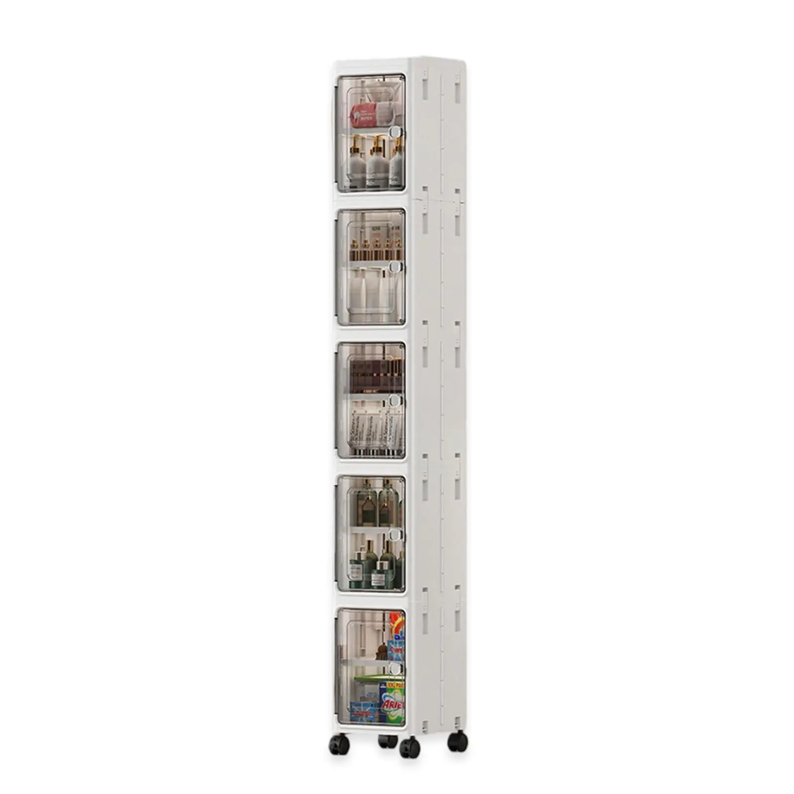 Nifogo 5-Tier Plastic Collapsible Storage Organizer - Fold Flat Stackable Containers with Lids & Wheels, 5-Piece Set for Office/Dorm Storage Organization, White, 157cm